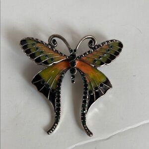 Vintage green rhinestone and enamel butterfly brooch silver multicolored
